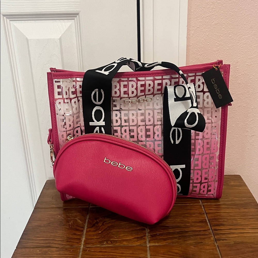 Bebe Pink and Black Logo Tote with Pouch